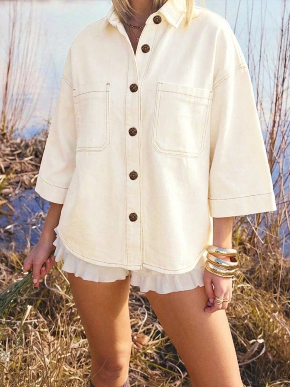White Casual Women's Drop Shoulder Single-Breasted Loose Pocket Denim Top - Picture 5 of 6